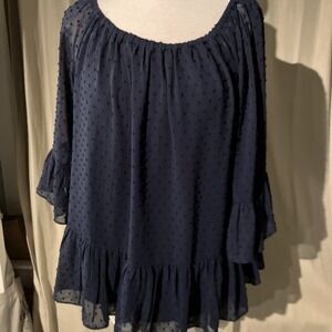 DR2 Daniel Rainn Womens Blouse Sz Med Navy Swiss Dot Lace 3/4 Sheer Sleeve New